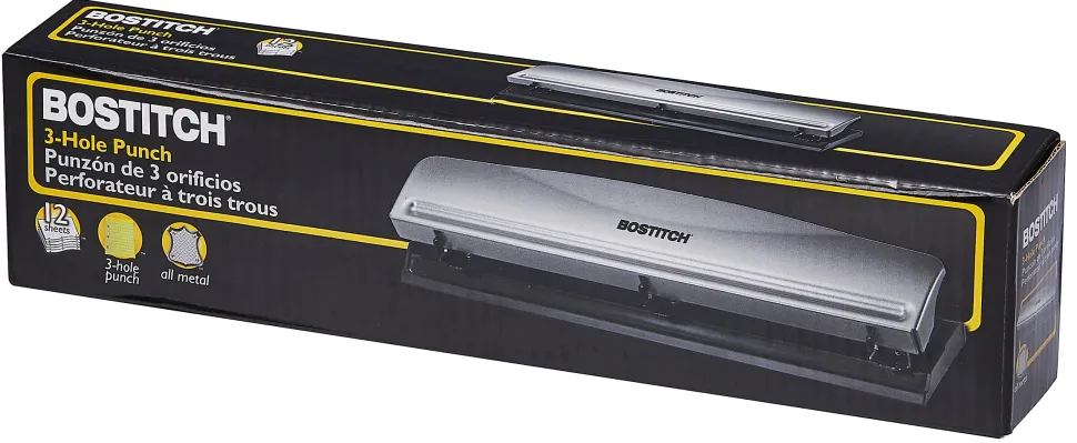 Bostitch Premium 3-Hole Punch, 12-Sheet Capacity, All-Metal, Rubber Base, Easy-Clean Tray, Silver/Black