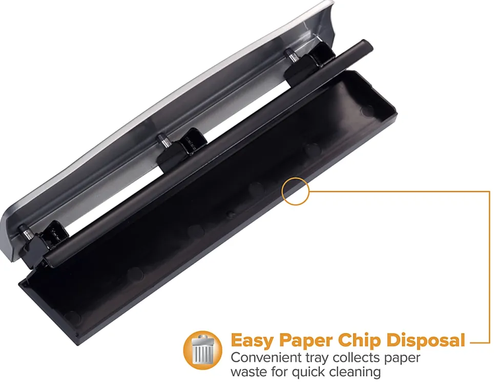 Bostitch Premium 3-Hole Punch, 12-Sheet Capacity, All-Metal, Rubber Base, Easy-Clean Tray, Silver/Black
