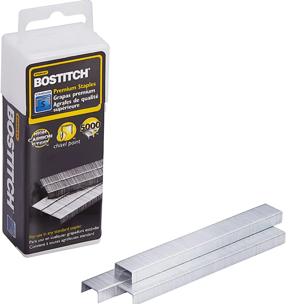 Bostitch® Premium Standard Staples With Plastic Box, 1/4" Size, Full Strip, Box Of 5,000