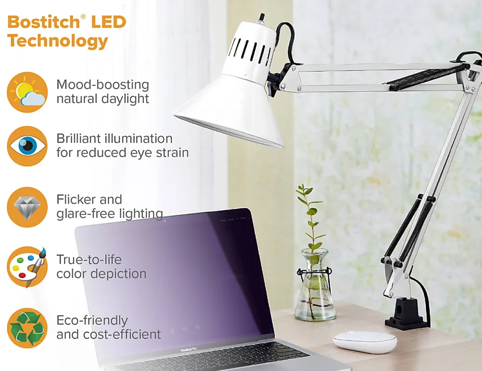 Bostitch® Swing Arm LED Desk Lamp With Clamp, 36"H, Black/White