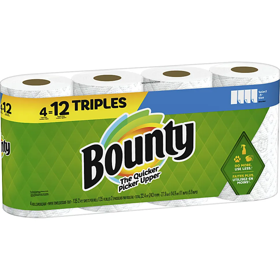 Bounty Select-A-Size 2-Ply Triple-Roll Paper Towels, 5-7/8" x 11", White, 135 Sheets Per Roll, Pack Of 4 Rolls