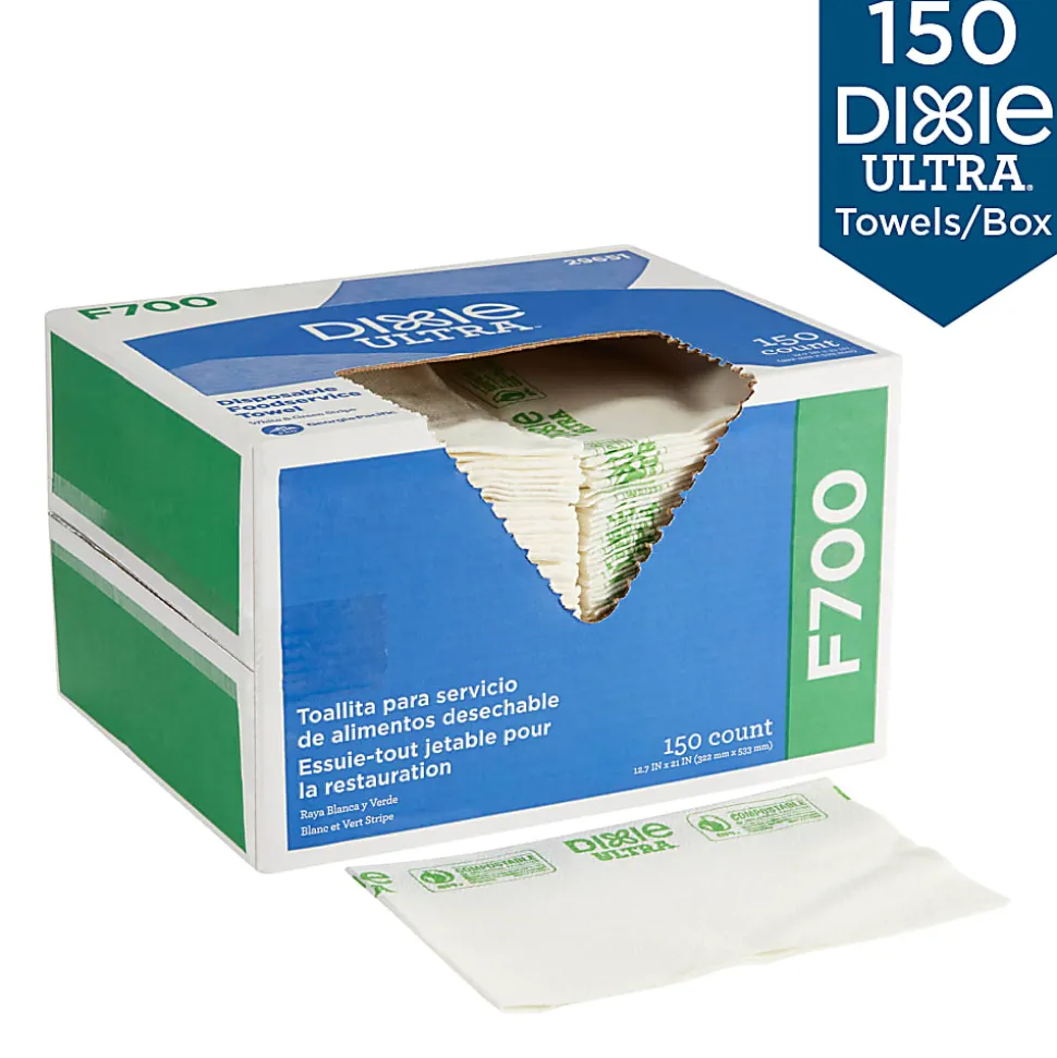 Brawny Dixie Ultra® F700 Disposable Foodservice Towels By Gp Pro, White & Green Stripe, 150 Towels Per Box