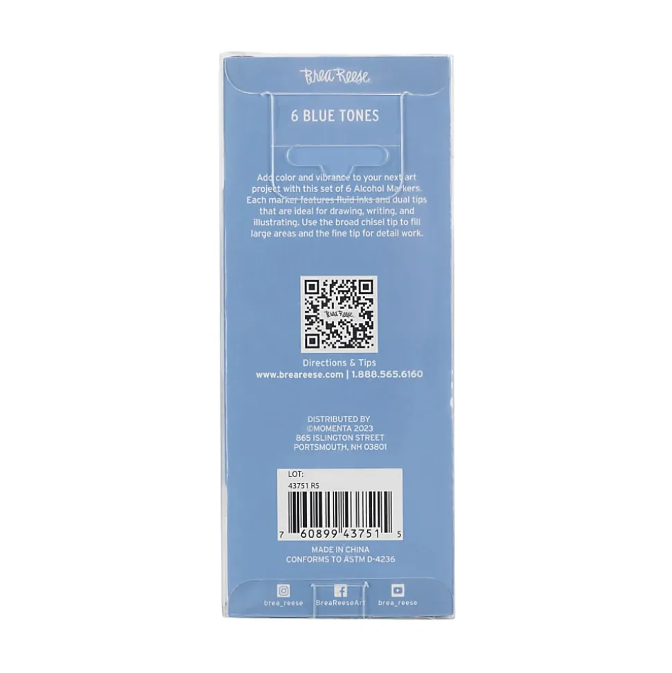 Brea Reese Dual-Tip Alcohol Markers, Blues, Pack Of 6 Markers