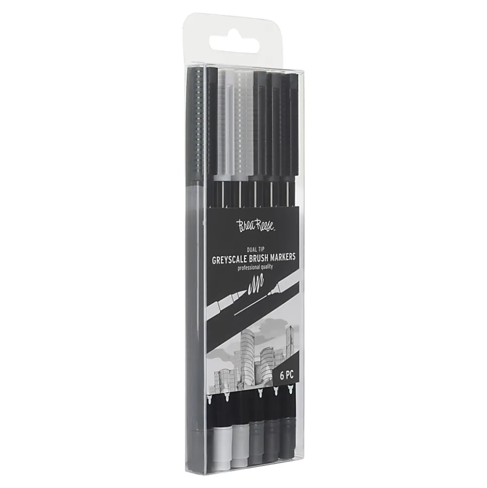 Brea Reese Dual-Tip Brush Markers, Grayscale, Pack Of 6 Markers