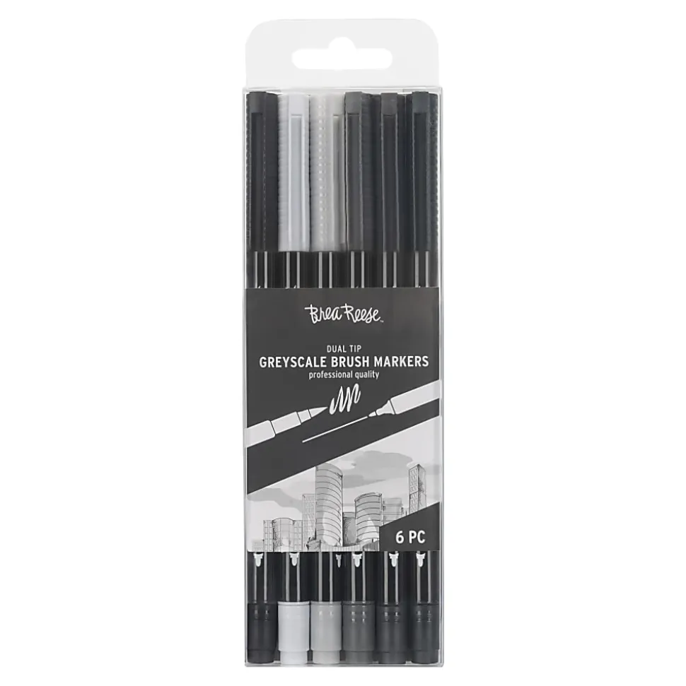 Brea Reese Dual-Tip Brush Markers, Grayscale, Pack Of 6 Markers