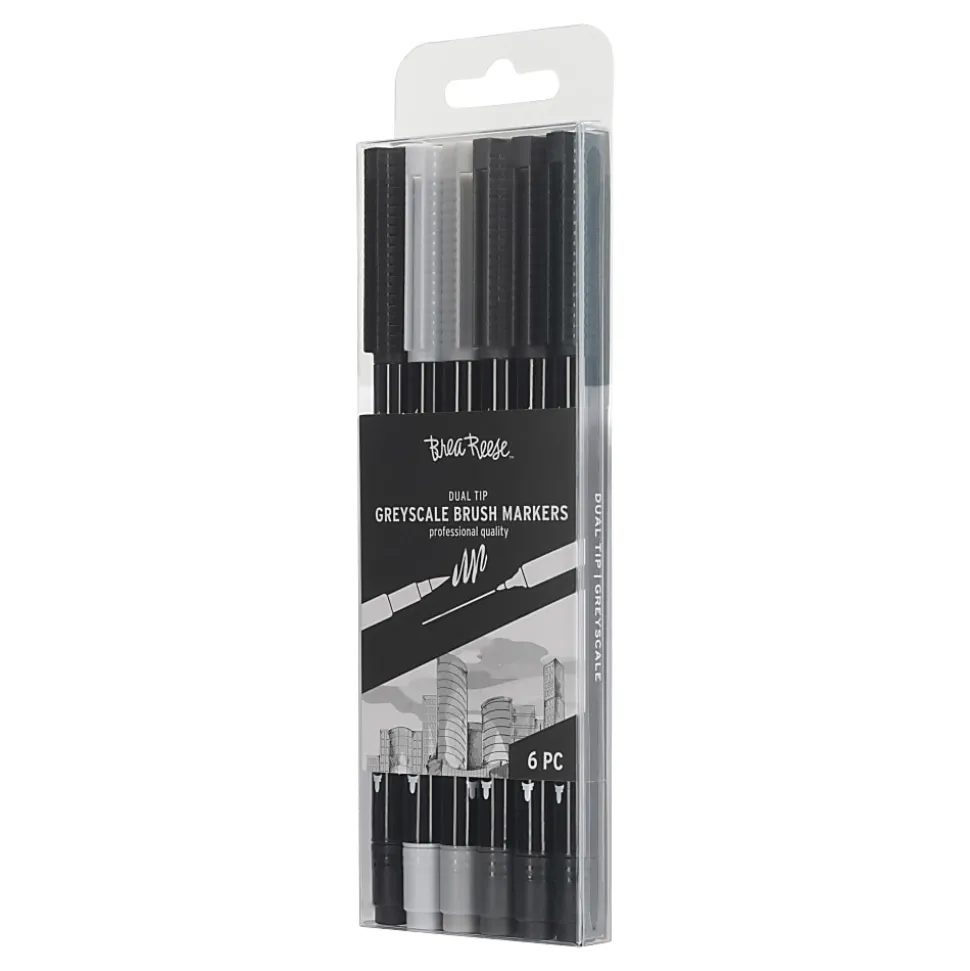 Brea Reese Dual-Tip Brush Markers, Grayscale, Pack Of 6 Markers