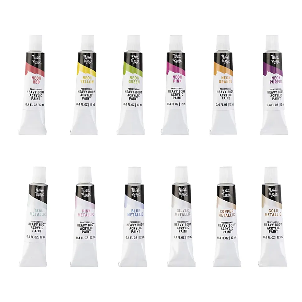Brea Reese Professional Heavy-Body Acrylic Paint, 12 Neon & Metallic