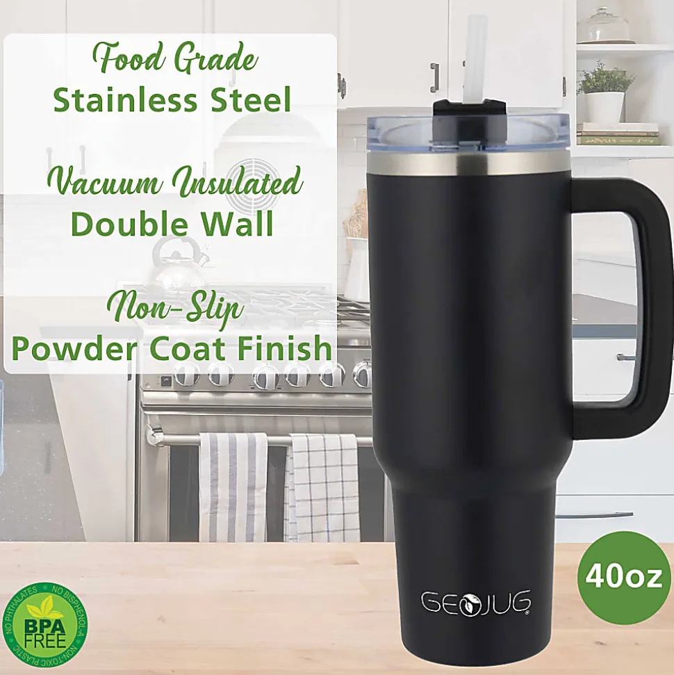 Brentwood Geojug Insulated Stainless-Steel Tumbler Cup With Handle Lid And Straw, 40 Oz, Black