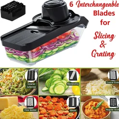 Brentwood® Mandoline Slicer & Cheese Grater with 3.6-Cup Storage Container & 6 Interchangeable Stainless Steel Blades, Black, KA-5046BK