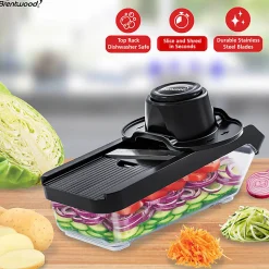 Brentwood® Mandoline Slicer & Cheese Grater with 3.6-Cup Storage Container & 6 Interchangeable Stainless Steel Blades, Black, KA-5046BK
