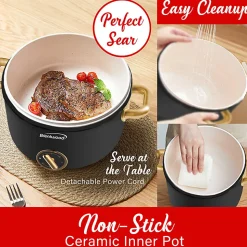 Brentwood® 2.6-Qt. 700-Watt Multifunction Electric Hot Pot Cooker with Ceramic Nonstick Coating & Food Steamer, Black, HP-3250BK