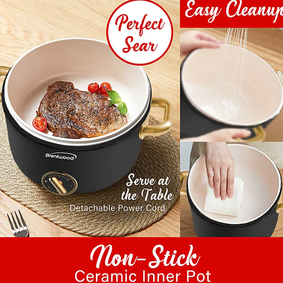 Brentwood® 2.6-Qt. 700-Watt Multifunction Electric Hot Pot Cooker with Ceramic Nonstick Coating & Food Steamer, Black, HP-3250BK