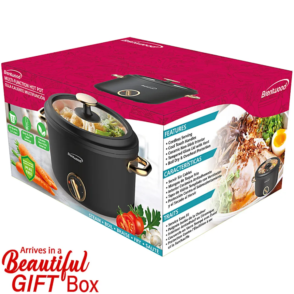 Brentwood® 2.6-Qt. 700-Watt Multifunction Electric Hot Pot Cooker with Ceramic Nonstick Coating & Food Steamer, Black, HP-3250BK