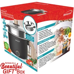 Brentwood® 1.6-Qt. 600-Watt Multifunction Electric Hot Pot Cooker, Ceramic Nonstick Coating, Stainless Steel, Angled Handle, Black, HPS-3172BK