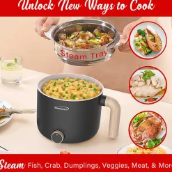 Brentwood® 1.6-Qt. 600-Watt Multifunction Electric Hot Pot Cooker, Ceramic Nonstick Coating, Stainless Steel, Angled Handle, Black, HPS-3172BK