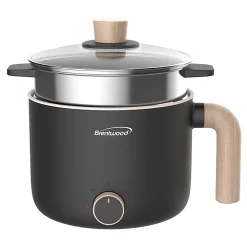 Brentwood® 1.6-Qt. 600-Watt Multifunction Electric Hot Pot Cooker, Ceramic Nonstick Coating, Stainless Steel, Angled Handle, Black, HPS-3172BK