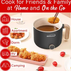 Brentwood® 1.6-Qt. 600-Watt Multifunction Electric Hot Pot Cooker, Ceramic Nonstick Coating, Stainless Steel, Angled Handle, Black, HPS-3172BK