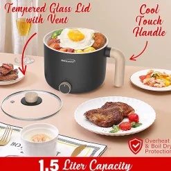 Brentwood® 1.6-Qt. 600-Watt Multifunction Electric Hot Pot Cooker, Ceramic Nonstick Coating, Stainless Steel, Angled Handle, Black, HPS-3172BK