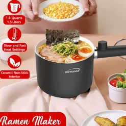 Brentwood® 1.6-Qt. 600-Watt Multifunction Electric Hot Pot Cooker, Ceramic Nonstick Coating, Stainless Steel, Straight Handle, Black, HPS-3150BK