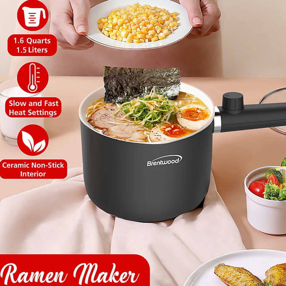 Brentwood® 1.6-Qt. 600-Watt Multifunction Electric Hot Pot Cooker, Ceramic Nonstick Coating, Stainless Steel, Straight Handle, Black, HPS-3150BK
