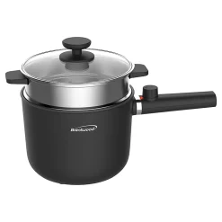 Brentwood® 1.6-Qt. 600-Watt Multifunction Electric Hot Pot Cooker, Ceramic Nonstick Coating, Stainless Steel, Straight Handle, Black, HPS-3150BK