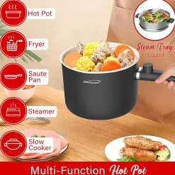 Brentwood® 1.6-Qt. 600-Watt Multifunction Electric Hot Pot Cooker, Ceramic Nonstick Coating, Stainless Steel, Straight Handle, Black, HPS-3150BK
