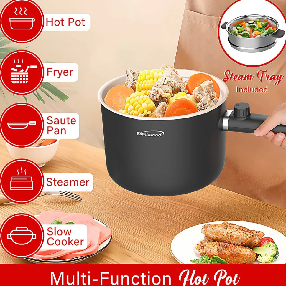 Brentwood® 1.6-Qt. 600-Watt Multifunction Electric Hot Pot Cooker, Ceramic Nonstick Coating, Stainless Steel, Straight Handle, Black, HPS-3150BK