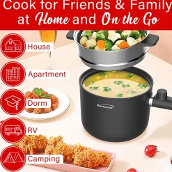 Brentwood® 1.6-Qt. 600-Watt Multifunction Electric Hot Pot Cooker, Ceramic Nonstick Coating, Stainless Steel, Straight Handle, Black, HPS-3150BK