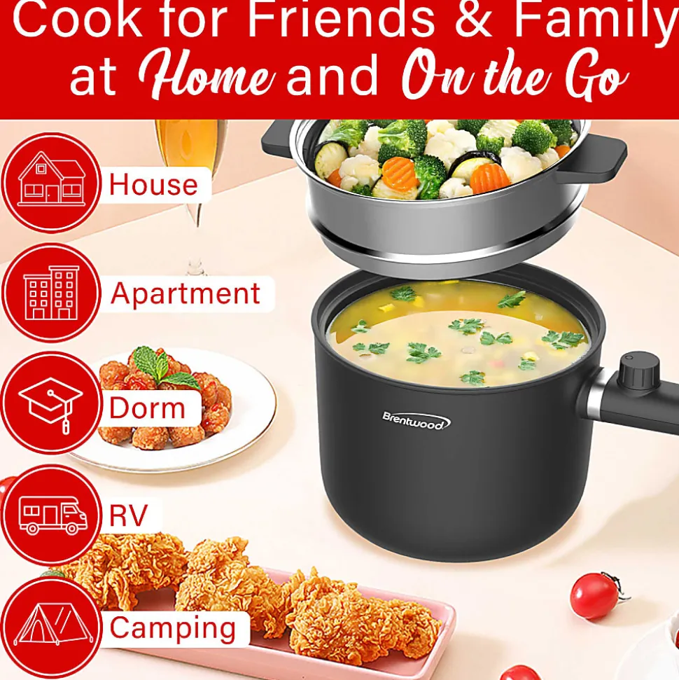 Brentwood® 1.6-Qt. 600-Watt Multifunction Electric Hot Pot Cooker, Ceramic Nonstick Coating, Stainless Steel, Straight Handle, Black, HPS-3150BK