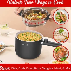 Brentwood® 1.6-Qt. 600-Watt Multifunction Electric Hot Pot Cooker, Ceramic Nonstick Coating, Stainless Steel, Straight Handle, Black, HPS-3150BK