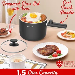Brentwood® 1.6-Qt. 600-Watt Multifunction Electric Hot Pot Cooker, Ceramic Nonstick Coating, Stainless Steel, Straight Handle, Black, HPS-3150BK