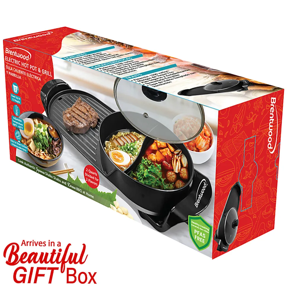 Brentwood® 2-Qt. 1,200-Watt 2-Sided Electric Hot Pot & 18-In. x 9-In. Korean BBQ Grill with Ceramic Nonstick Coating, Black, SK-71BK