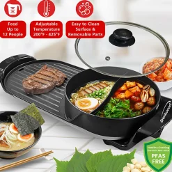Brentwood® 2-Qt. 1,200-Watt 2-Sided Electric Hot Pot & 18-In. x 9-In. Korean BBQ Grill with Ceramic Nonstick Coating, Black, SK-71BK