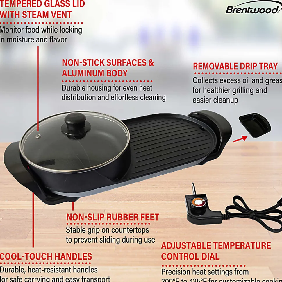 Brentwood® 2-Qt. 1,200-Watt 2-Sided Electric Hot Pot & 18-In. x 9-In. Korean BBQ Grill with Ceramic Nonstick Coating, Black, SK-71BK