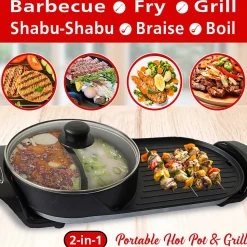 Brentwood® 2-Qt. 1,200-Watt 2-Sided Electric Hot Pot & 18-In. x 9-In. Korean BBQ Grill with Ceramic Nonstick Coating, Black, SK-71BK