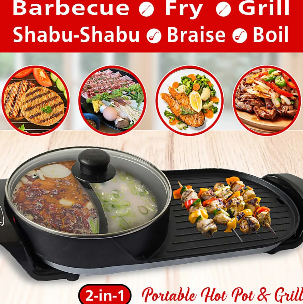 Brentwood® 2-Qt. 1,200-Watt 2-Sided Electric Hot Pot & 18-In. x 9-In. Korean BBQ Grill with Ceramic Nonstick Coating, Black, SK-71BK