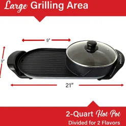 Brentwood® 2-Qt. 1,200-Watt 2-Sided Electric Hot Pot & 18-In. x 9-In. Korean BBQ Grill with Ceramic Nonstick Coating, Black, SK-71BK