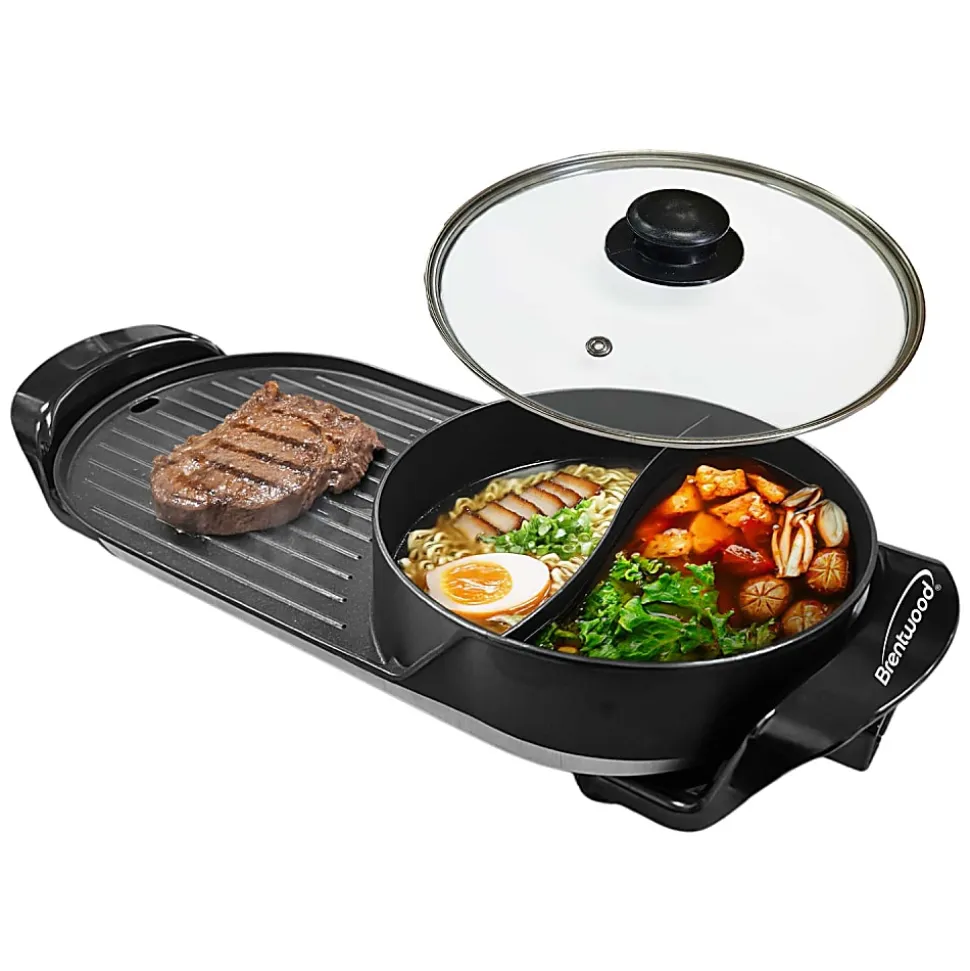 Brentwood® 2-Qt. 1,200-Watt 2-Sided Electric Hot Pot & 18-In. x 9-In. Korean BBQ Grill with Ceramic Nonstick Coating, Black, SK-71BK