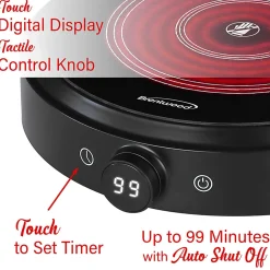 Brentwood® Select 1,300-Watt 10-In. Countertop Ceramic Glass Cooktop Surface with Single 8-In. Infrared Burner, Black, TS-383DBK