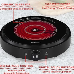 Brentwood® Select 1,300-Watt 10-In. Countertop Ceramic Glass Cooktop Surface with Single 8-In. Infrared Burner, Black, TS-383DBK