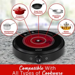 Brentwood® Select 1,300-Watt 10-In. Countertop Ceramic Glass Cooktop Surface with Single 8-In. Infrared Burner, Black, TS-383DBK