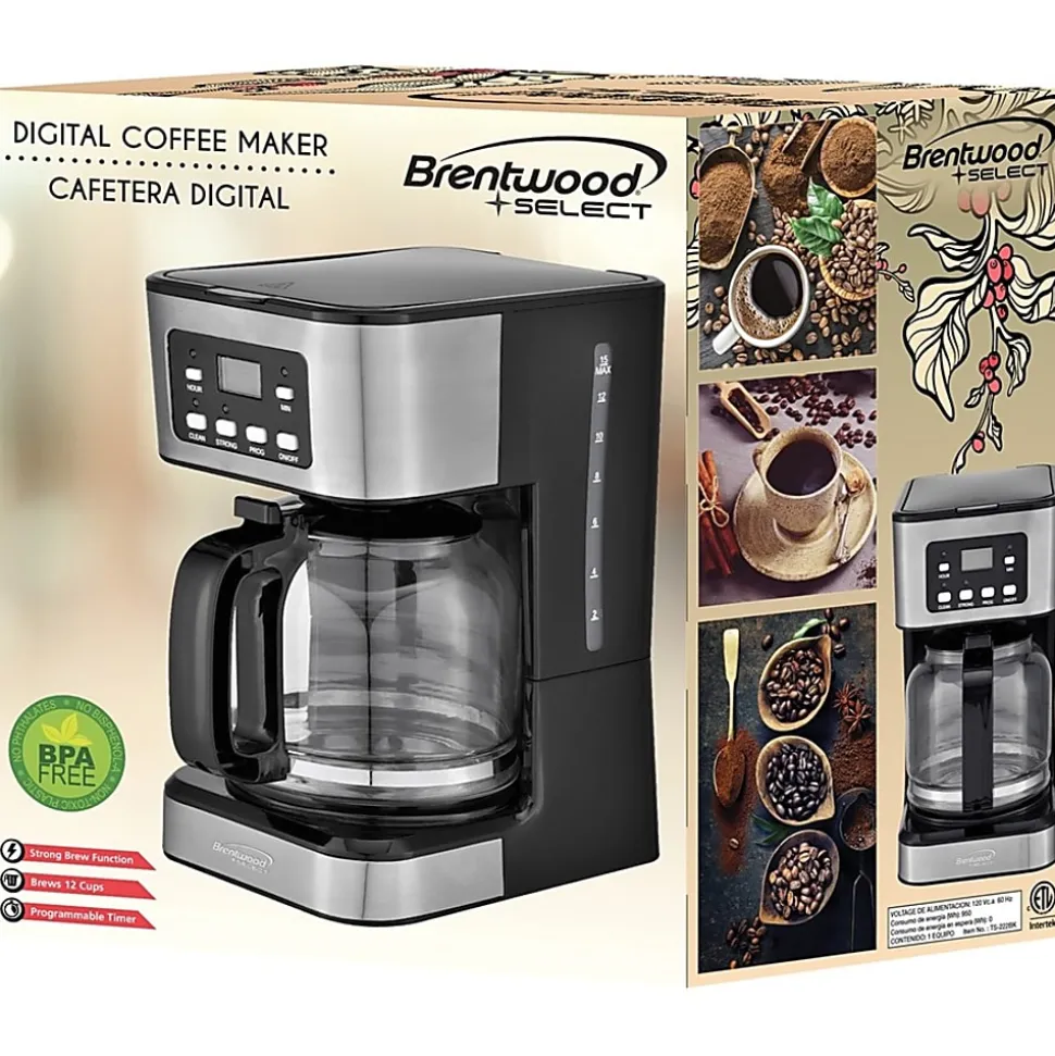Brentwood TS-222BK 12-Cup Digital Coffee Maker, Black - Programmable - 800 W - 12 Cup(s) - Multi-serve - Timer - Black