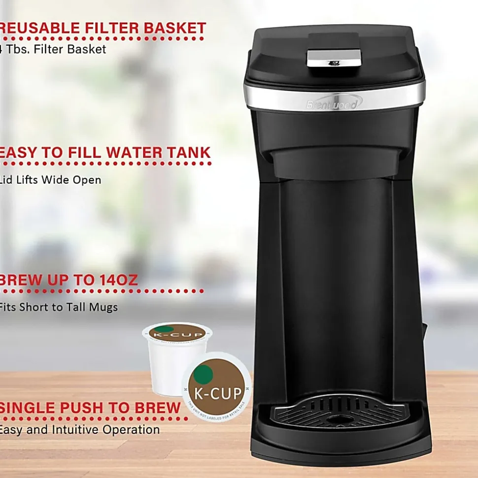 Brentwood 800-Watt 1.75-Cup Single-Serve Coffee Maker With Reusable Filter Basket For K-Cups And Ground Coffee, Black