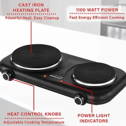 Brentwood® 1,100-Watt Double-Cast-Iron Countertop Electric Burner Hot Plate with Temperature Control & Power Indicator Light, Black, TS-332BK