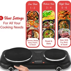 Brentwood® 1,100-Watt Double-Cast-Iron Countertop Electric Burner Hot Plate with Temperature Control & Power Indicator Light, Black, TS-332BK