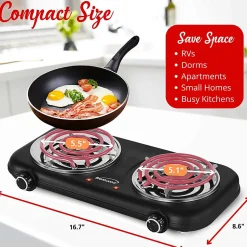 Brentwood® 1,100-Watt Double-Coiled Countertop Electric Burner with Temperature Control & Power Indicator Light, Black, TS-363BK