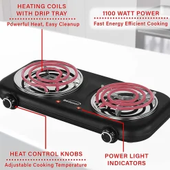 Brentwood® 1,100-Watt Double-Coiled Countertop Electric Burner with Temperature Control & Power Indicator Light, Black, TS-363BK