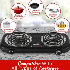 Brentwood® 1,100-Watt Double-Coiled Countertop Electric Burner with Temperature Control & Power Indicator Light, Black, TS-363BK