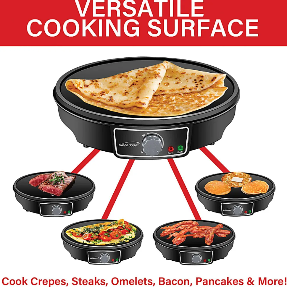 Brentwood® 1,000-Watt 12-In. Electric Nonstick Crepe Pancake Maker & Griddle with Spatula & Spreader, Black, TS-602BK