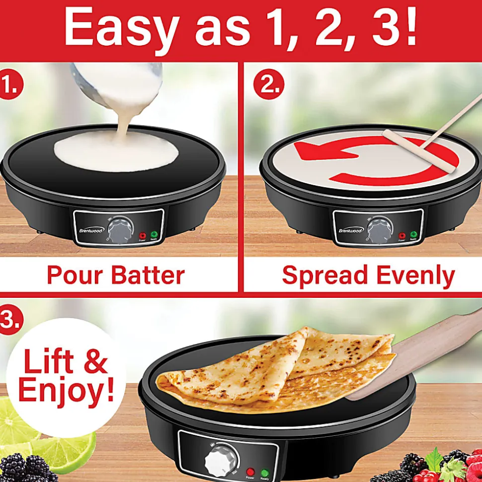 Brentwood® 1,000-Watt 12-In. Electric Nonstick Crepe Pancake Maker & Griddle with Spatula & Spreader, Black, TS-602BK